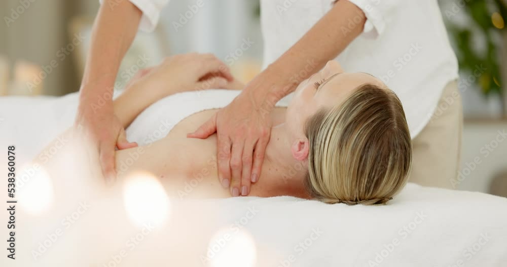 Massage, relax and spa with a woman customer lying on a bed for pamper, wellness or body care. Physical therapy, stress relief and luxury with a female resting in a lodge while on holiday or vacation Massage, relax and spa with a woman customer lying on a bed for pamper, wellness or body care. Physical therapy, stress relief and luxury with a female resting in a lodge while on holiday or vacation