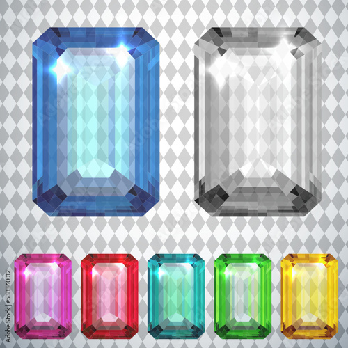 Set of multicolored emerald-cut gemstones with sparkles on transparent background - colorful diamonds collection