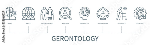 Gerontology vector infographic in minimal outline style