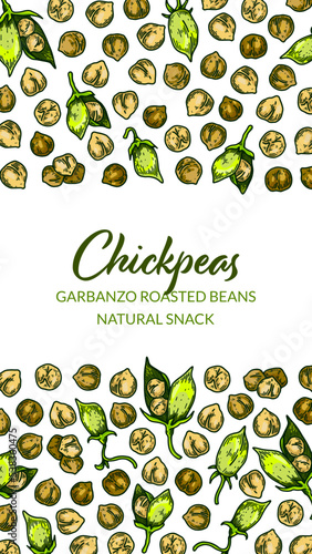 Colorful vertical chickpeas design. Hand drawn illustration in colored sketch style. Botany design for packaging, label, banner, poster