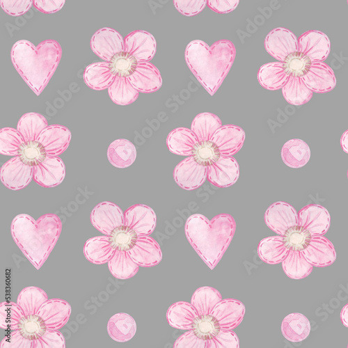 Fototapeta Naklejka Na Ścianę i Meble -  watercolor seamless pattern pink textile flowers on light gray background, for baby textiles and goods, cute valentine's day background, wrapping paper, scrapbook