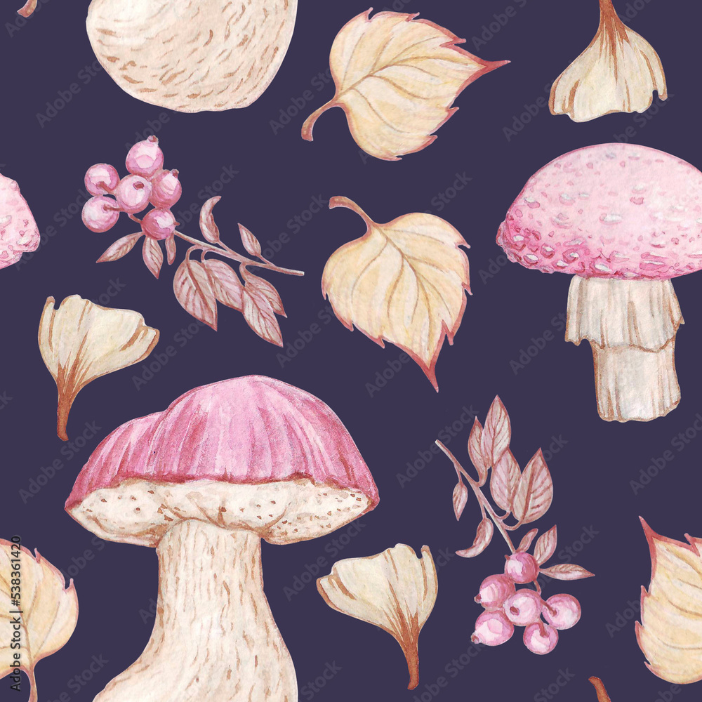 Obraz premium seamless watercolor pattern on an autumn theme in delicate pink and beige shades, mushrooms and leaves on a dark blue background, for textiles, wrapping paper, scrapbooking, background for notebook