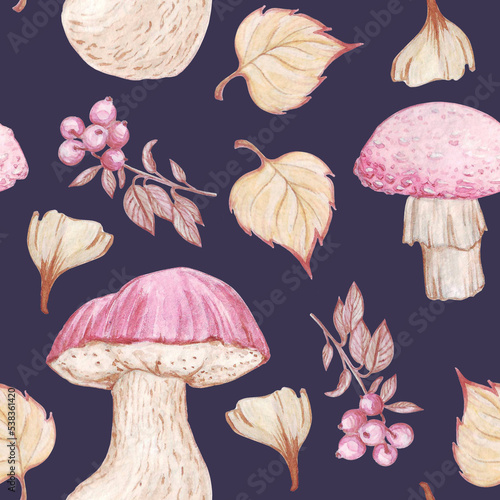 seamless watercolor pattern on an autumn theme in delicate pink and beige shades  mushrooms and leaves on a dark blue background  for textiles  wrapping paper  scrapbooking  background for notebook