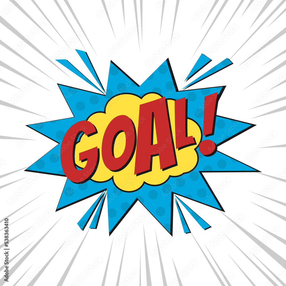 Goal cartoon effect speech bubble design element red and yellow, and sky blue about comic, boom, pop art, balloon, cartoon, and comic book explosion