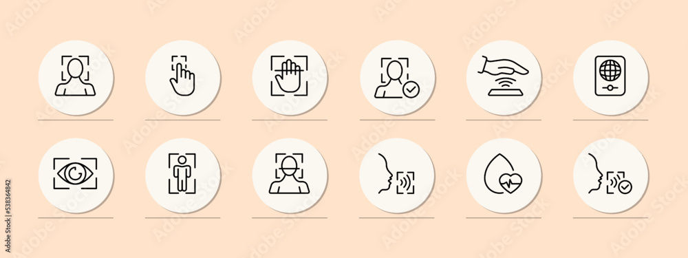 Identification set icon. DNA, rna, face recognition, two factor verification, fingerprint, biometrics, pulse, face ID. Authentication concept. Pastel color background. Vector line icon Identification set icon. DNA, rna, face recognition, two factor verification, fingerprint, biometrics, pulse, face ID. Authentication concept. Pastel color background. Vector line icon