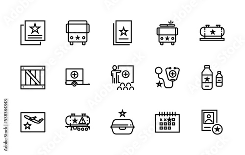 Simple set of war related vector linear icons. Contains icons such as: stop war, stop Putin, technology, medical help, aircraft, money, icon, war and more. Editable stroke 48x48 pixels perfect.