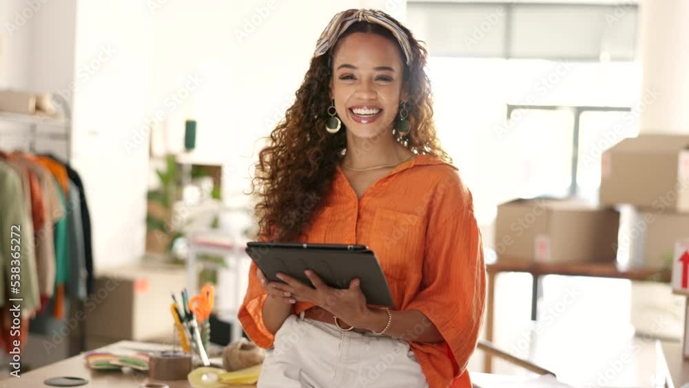 Tablet, design and shipping an online order with woman sending a package using the internet from her office. Creative, technology and logistics with a female entrepreneur at work in her studio Tablet, design and shipping an online order with woman sending a package using the internet from her office. Creative, technology and logistics with a female entrepreneur at work in her studio