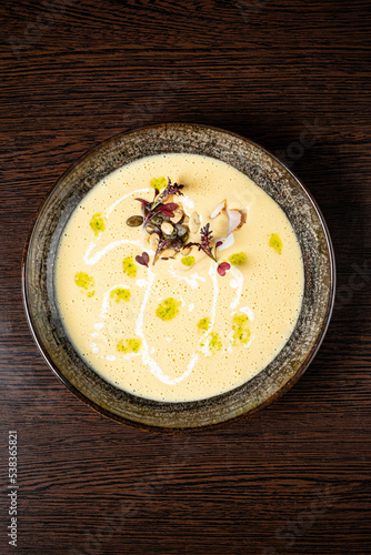 cream soup on the wooden background