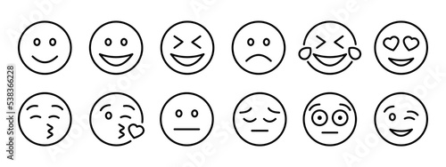 Emoticons set icon. Laugh, love, cry, tears, sad, wink, kiss, heart shaped eyes, shocked, angry, show tongue. Online communication concept. Vector black set icon on a white background