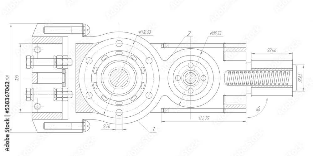 Technical drawing .Rotating mechanism of round parts .Vector illustration .