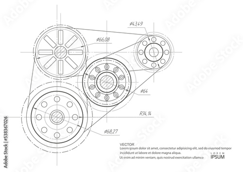 Engineering design of gears.Technical drawing background .Rotating mechanism of round parts . Vector illustration.