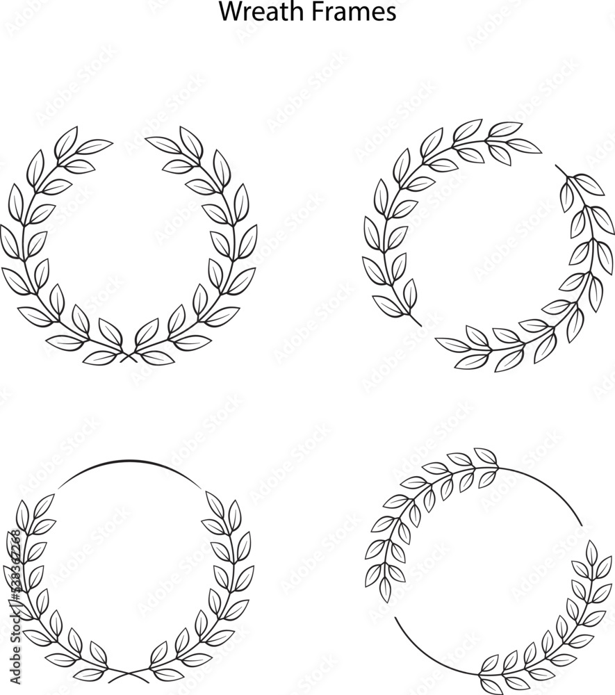 Wreath leaf circle border frame isolated on white background. Hand drawn doodle sketch style. Floral circle frame, flourish design element for wedding, greeting card. Wreath leaf circle border frame isolated on white background. Hand drawn doodle sketch style. Floral circle frame, flourish design element for wedding, greeting card.