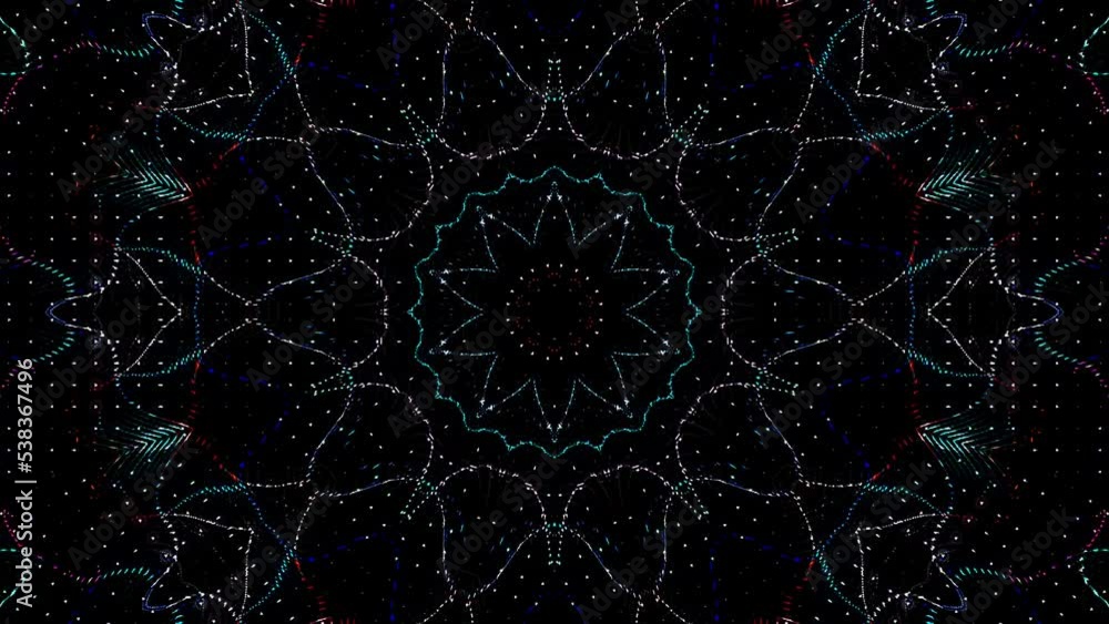 Animated 3D abstract.Curved lines and colorful light points black background,seamless circle Animated 3D abstract.Curved lines and colorful light points black background,seamless circle