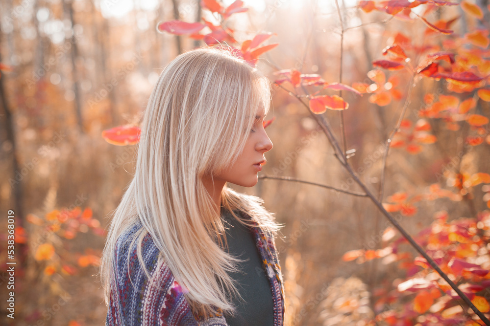Portrait of young blonde woman in autumn forest. Profile Portrait of young blonde woman in autumn forest. Profile