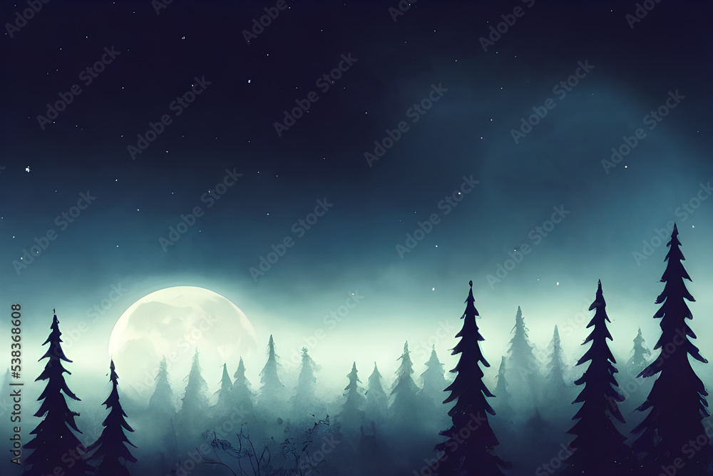 Full moon shines over a fantasy forest. Full moon shines over a fantasy forest.