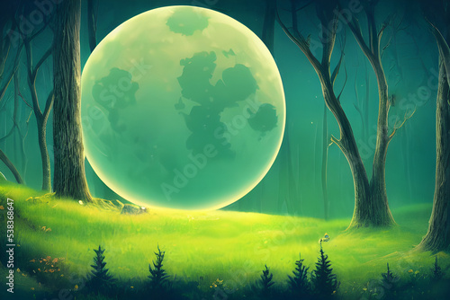 Full moon shines over a fantasy forest. © ECrafts