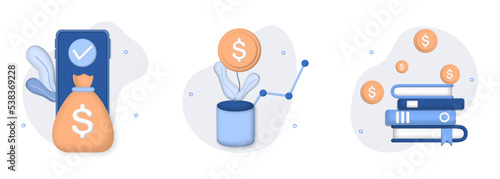 Investment illustration set. investing money in digital platform, self development, knowledge and education. Personal finance management and financial literacy concept. 3D web vector illustration.