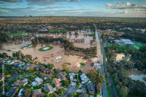 Aerial view of Bulleen Road in Bulleen,  Melbourne, during floods on 15 October 2022. Victoria, Australia.
