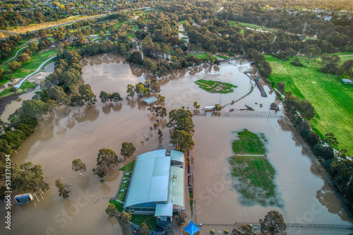 Aerial view of the Yarra Flats fooodplain in Bulleen,  Melbourne, during floods on 15 October 2022. Victoria, Australia.