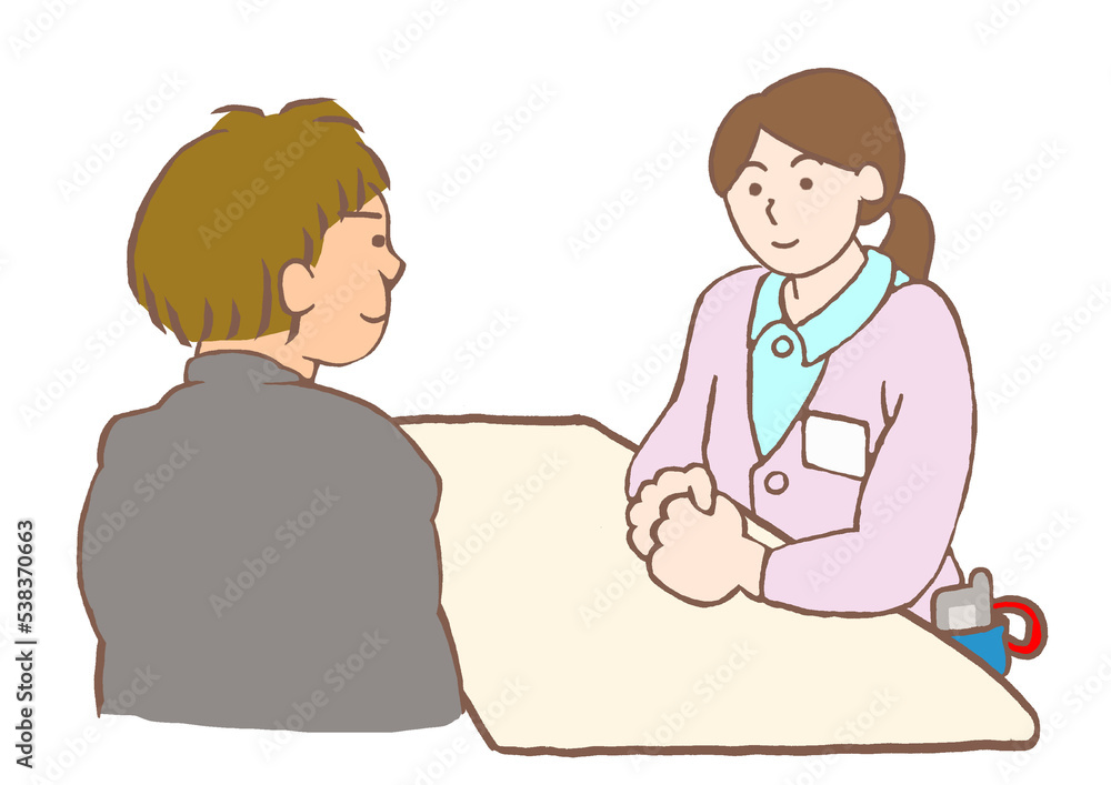 大人の発達障害 精神保健福祉士の面接を受ける男性会社員のイラスト 大人の発達障害 精神保健福祉士の面接を受ける男性会社員のイラスト