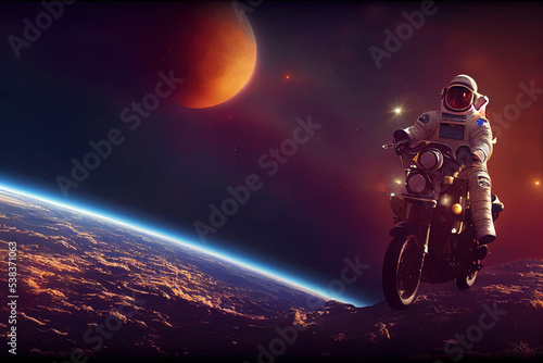 Astronaut riding a motorbike in space. 3d illustration