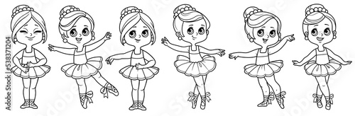 Beautiful cartoon ballerina girls in lush tutu set on a white background outlined for coloring
