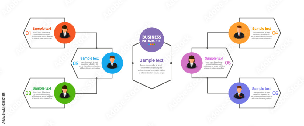 Infographic design business template with 6 options, steps or processes. Can be used for workflow layout, diagram, annual report, web design. Vector eps 10 Infographic design business template with 6 options, steps or processes. Can be used for workflow layout, diagram, annual report, web design. Vector eps 10