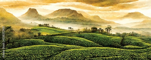 Landscapes of Sri Lanka, sunrise at the tea plantation, panorama view. Digital art.