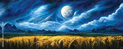 Landscapes of wheat field at the night  panorama view  full moon.