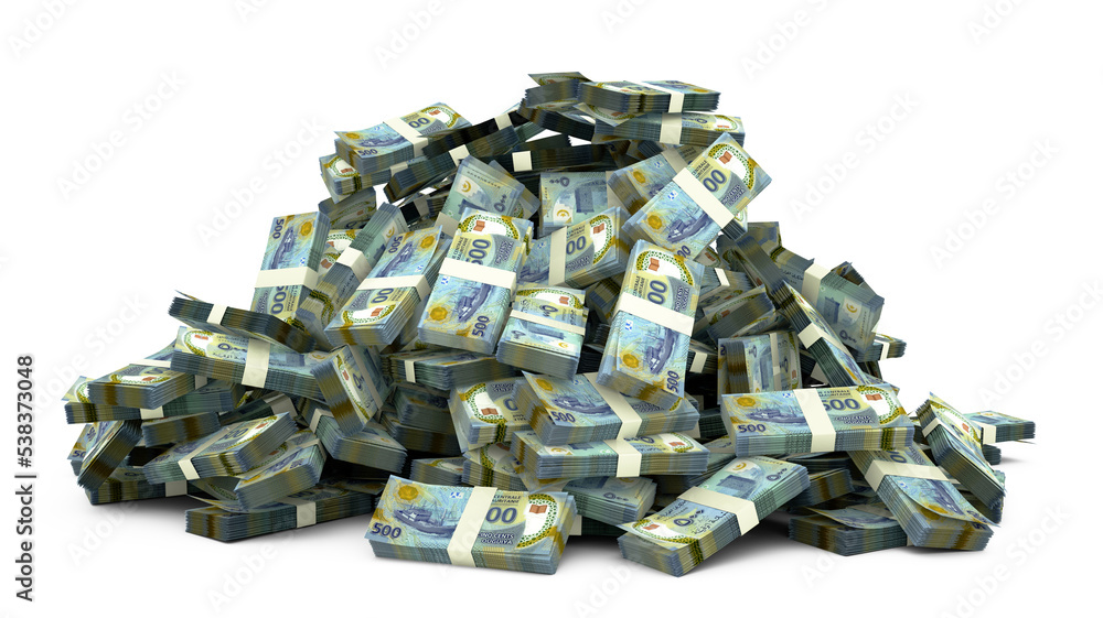 Big pile of Mauritanian ouguiya notes a lot of money over white background. 3d rendering of bundles of cash Big pile of Mauritanian ouguiya notes a lot of money over white background. 3d rendering of bundles of cash