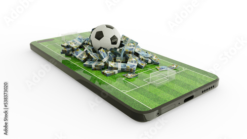 3d rendering of Mobile phone Soccer betting. Football and Mauritanian ouguiya notes on phone screen. Soccer field on smartphone screen isolated on white background. bet and win concept photo