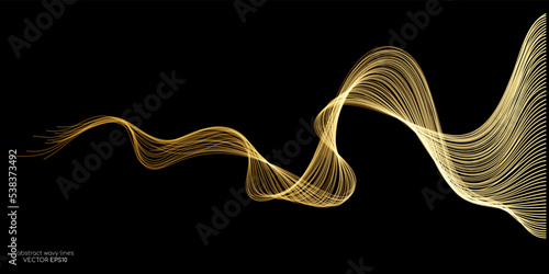 Vector wave lines smooth flowing dynamic gold gradient light isolated on black background for concept of luxury, technology, digital, communication, science, music