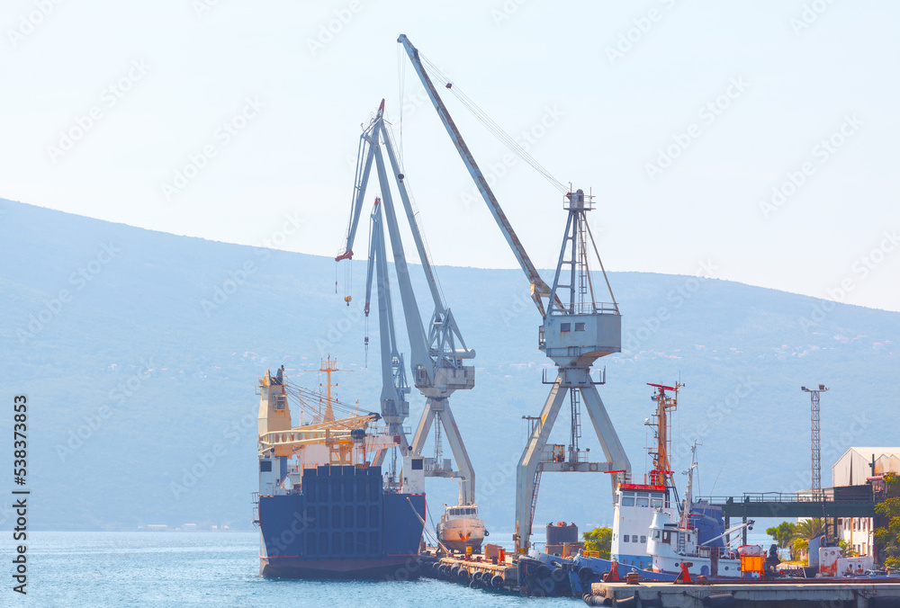 Mobile harbor cranes . Sea port with cargo cranes