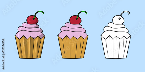 Horizontal set of pictures, delicious cupcake with delicate cream and cherry berry, vector