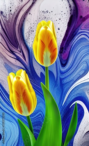Violet tulips, Yellow tulips onon blue background photo