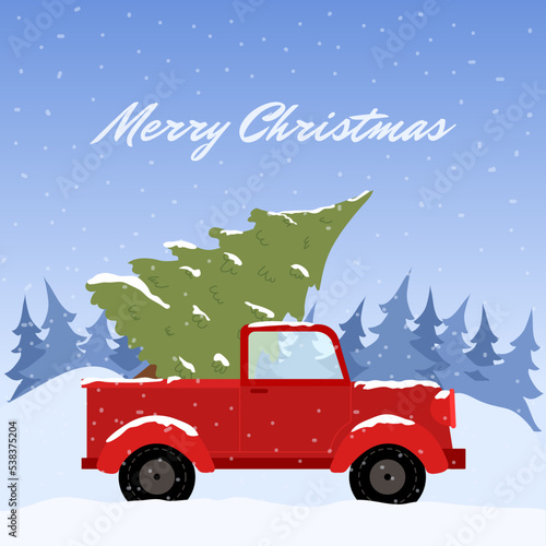 Merry Christmas and Happy New Year Postcard or Poster or Flyer template with retro pickup truck with christmas tree. Vintage styled vector illustration.