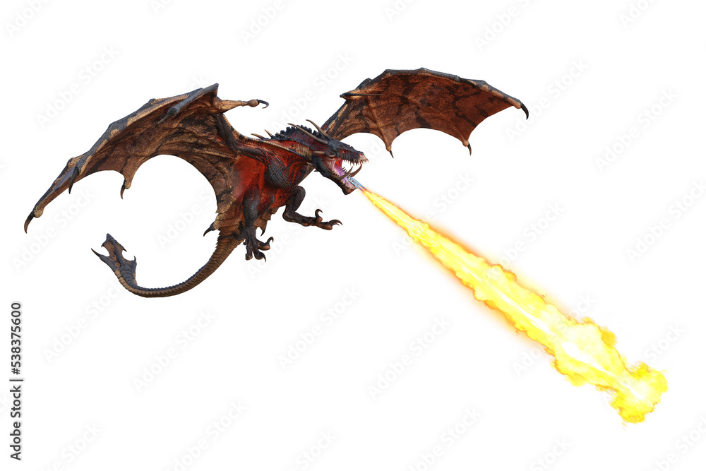 Photo 3D illustration of a flying green dragon or wyvern breathing fire ...