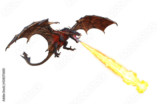 3D illustration of a flying green dragon or wyvern breathing fire downwards isolated on transparent background.