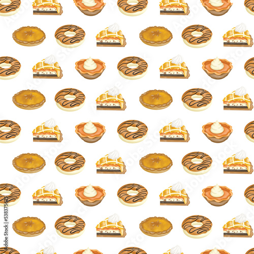 Fall elements seamless pattern digital paper. Pumpkin cake and pumpkin spice donut on transparent background. Sweet and Treat baking for Thanksgiving.