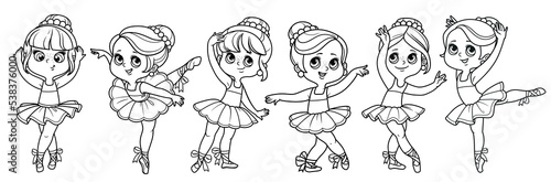 Set of cute cartoon ballerina girls dancing outlined for coloring isolated on a white background