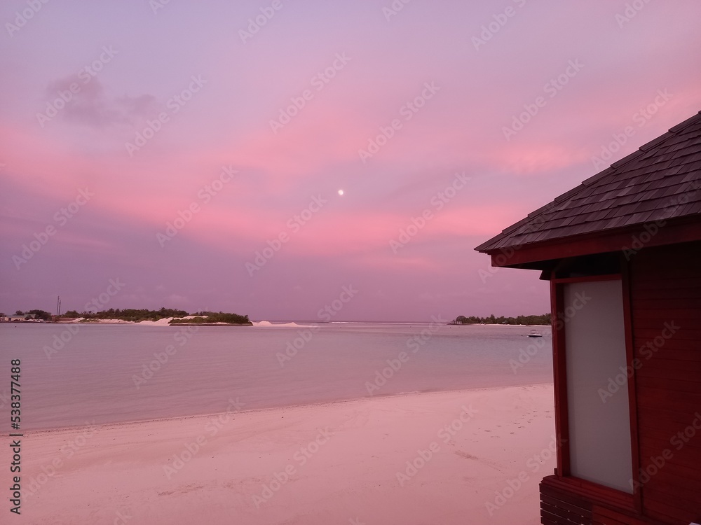 Sunset in the Maldives. Island sunset. Beach sunset.