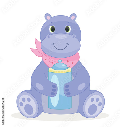 Baby hippo with bottle icon. Cute animal sits and drinks water, milk, liquid. Toy or mascot for children. Poster or banner for website, sticker for messengers. Cartoon flat vector illustration