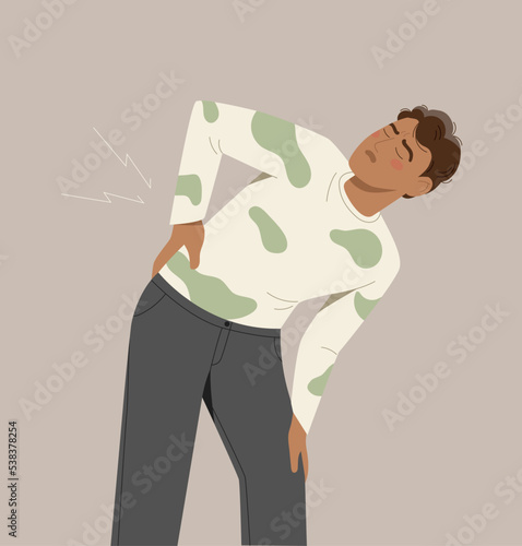 Back pain concept. Man stands and holds on to his lower back. Poor posture, injury, trauma and muscle problem. Medical poster or banner for website, health care. Cartoon flat vector illustration