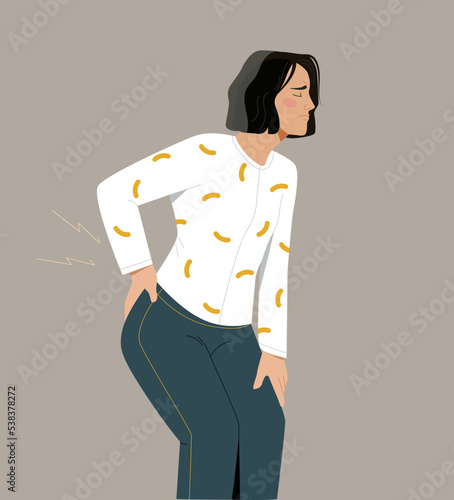 Back pain concept. Woman stands and holds on to his lower back. Muscle problems, trauma, sticker for social networks. Young girl suffering from unbearable pain. Cartoon flat vector illustration