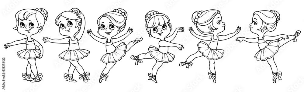 Set of cartoon ballerina girls in tutu outlined for coloring isolated on a white background Set of cartoon ballerina girls in tutu outlined for coloring isolated on a white background