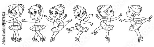 Set of cartoon ballerina girls in tutu outlined for coloring isolated on a white background