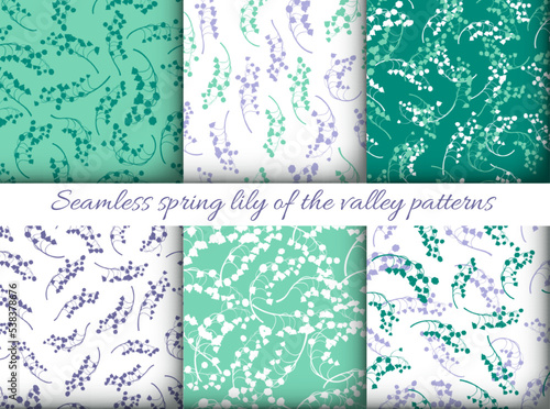 Spring Floral Pattern. Seamless Lily of the Valley Textile Print. Fresh Flower Illustration. Spring Floral Pattern. Summer Leaves Ornament. Bud of Convallaria Majalis. Floral Pattern Set.
