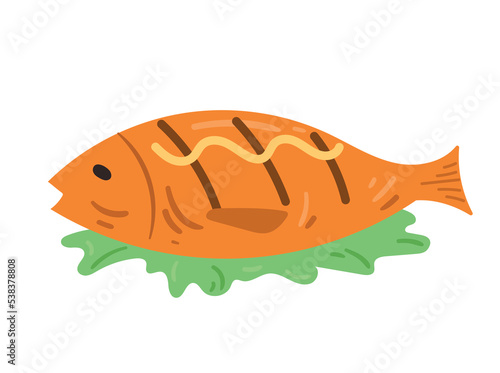 BBQ grilled fish. Meat on lettuce leaf with mustard. Delicacy and gourmet. Picnic and barbecue, leisure. Proteins and carbohydrates, fast food. Poster or banner. Cartoon flat vector illustration
