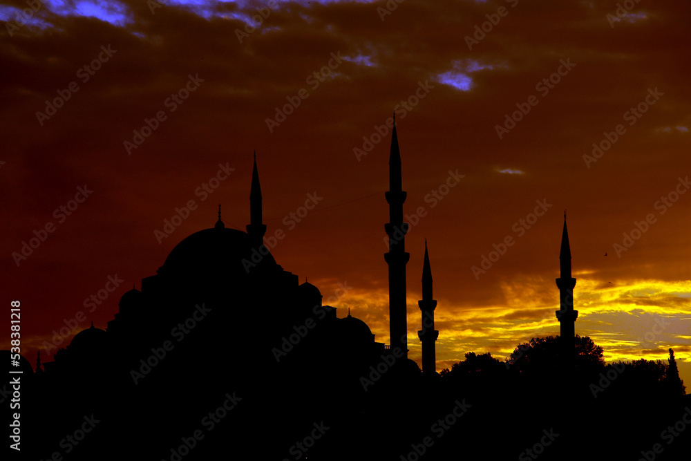 mosque at night, istanbul new mosque silhouette