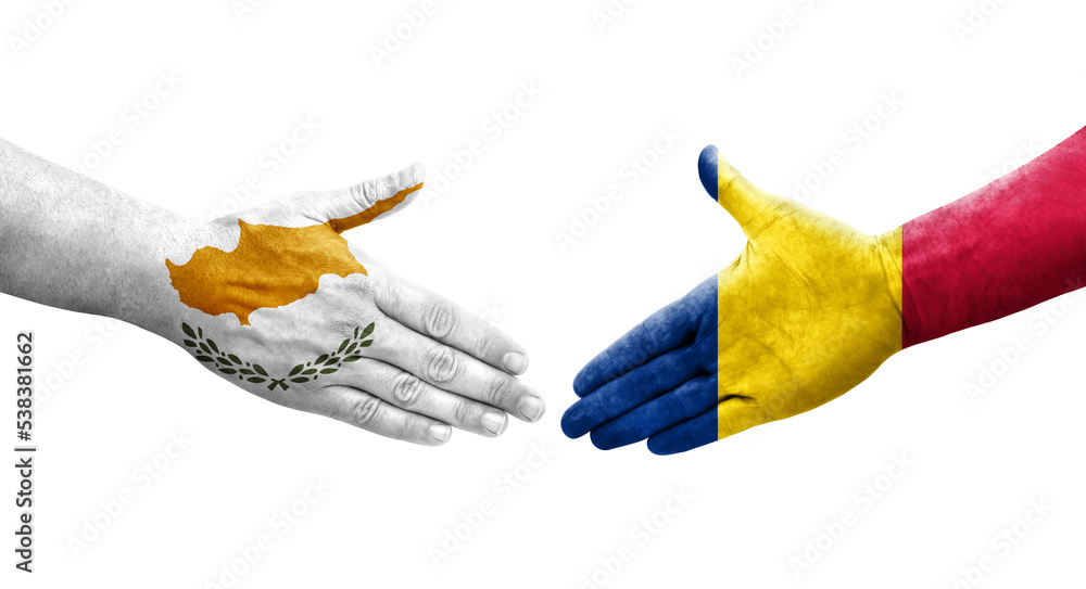 Handshake between Chad and Cyprus flags painted on hands, isolated transparent image. Handshake between Chad and Cyprus flags painted on hands, isolated transparent image.